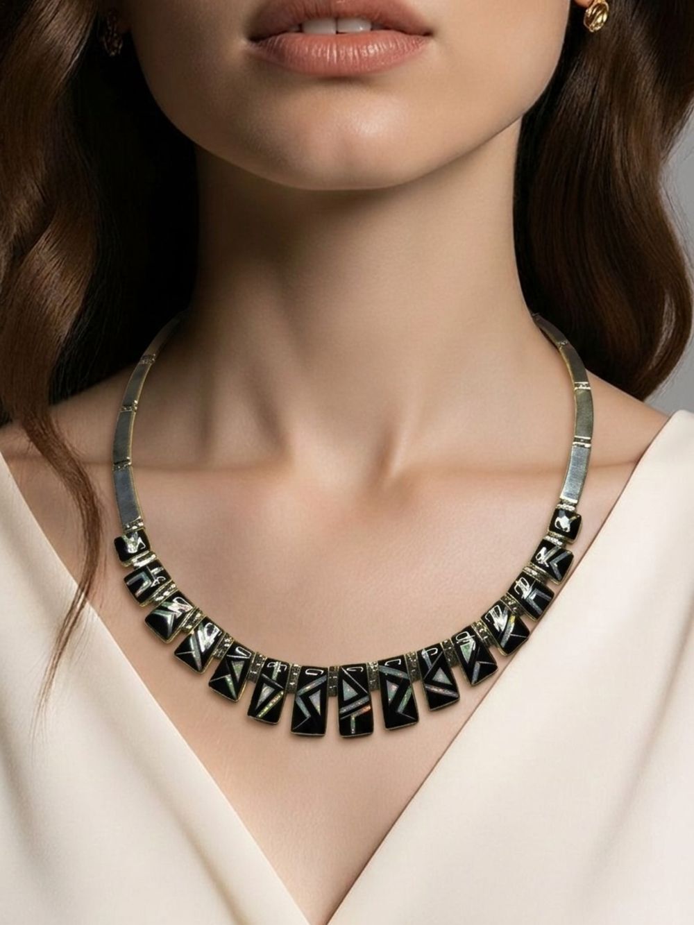 Vintage Sterling Silver Onyx Opal Geometric Inlay Statement Necklace Set SJ 46g